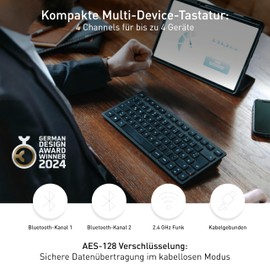 CHERRY KW 9200 MINI, Kompakte Multi-Device-Tastatur für bis zu 4 Geräte, Deutsches Layout (QWERTZ), Bluetooth, 2,4 GHz oder Kabel, Wiederaufladbar, Schwarz