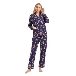 GLOBAL Pyjamas for Women Flannel Cotton Sleepwear long Ladies Pyjamas Sets Button Down LoungewearBlue,pet Dogs,L