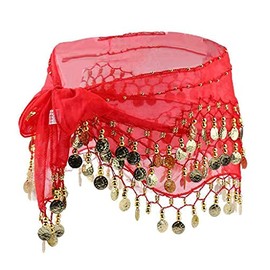 UHEREBUY Chiffon Dangling Gold Coins Belly Dance Hip Skirt Scarf Belt, Re, One Size