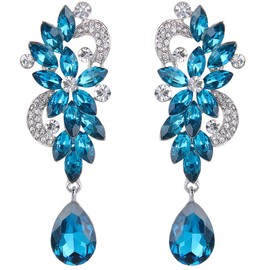 Clearine Women's Bohemian Boho Crystal Flower Wedding Bridal Chandelier Teardrop Bling Long Dangle Earrings Blue Turquoise Color Silver-Tone