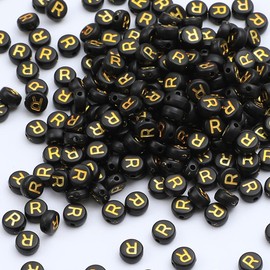XIENBAOFU 100PCS Letter Beads,4X7mm Acrylic Alphabet Beads,Gold Black Letter R Beads Flat Round Alphabet Beads for Jewelry Making Bracelet Necklace Keychain DIY, SKU3023-R