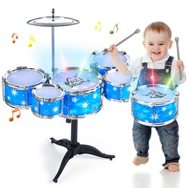 Kids Drum Set for Toddlers w/ Light (All Plastic), Musical Gifts Toys for Boys Girls, Drum Kit Musical Instrument for Beginner Music Practice, Christmas Birthday Gift Kids