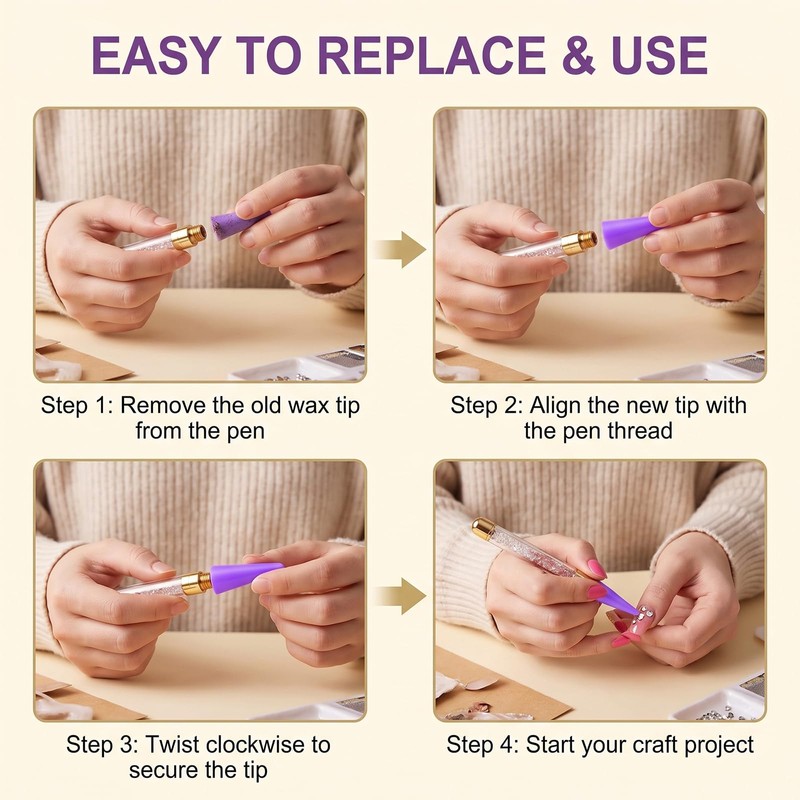 18 Pcs Wax Replacement Head Tips,Nail Rhinestone Picker (Purple)