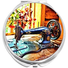 NewCharms Vintage Sewing Machine Birds Compact with Mirrors - Perfect Pocket and Purse Size Folding Mirror for Applying Make Up Anywhere