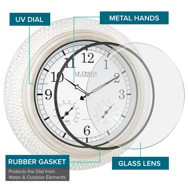La Crosse Technology 433-29917-INT 21" Indoor/Outdoor Atomic Analog White-Washed Hammered