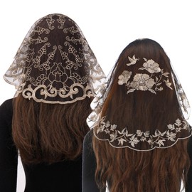 Bozidol 2 Pack Chapel Veils for Church Catholic, Small Round Flower Embroidered Lace Mantilla Veil, Floral Prayer Latin Mass Head Coverings for Women Girls