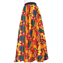 Afibi Women African Skirt Printed Ankara Maxi Skirt Dashiki Long Skirts with Pockets (Large, Yellow)