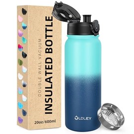OLDLEY 600ml/20oz Stainless Steel Water Bottle Double Walled Vacuum Flask Keep Drink Hot and Cold Leakproof BPA Free 600ML Metal Insulated Water Bottle for Sport Work Outdoor Hiking (Green-Blue)