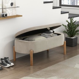 Lexicon Lift Top Storage Bench, Corduroy Upholstered Oval Entryway Bench with Solid Wood Leg Support, Modern Striped Storage Chest for Entryway/Living Room/Bedroom, Taupe