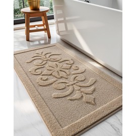 LUMI Ultra Absorbent Bathroom Rug Non Slip Rubber Backing, Machine Washable Bath Mat Soft Premium Microfiber, Elegant Floral Bath Rugs Quick Dry for Bathtub and Shower Floor, Decor, 24x43, Beige