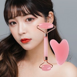 Pink Face Roller Heart Gua Sha Set Self-Massage 2ea