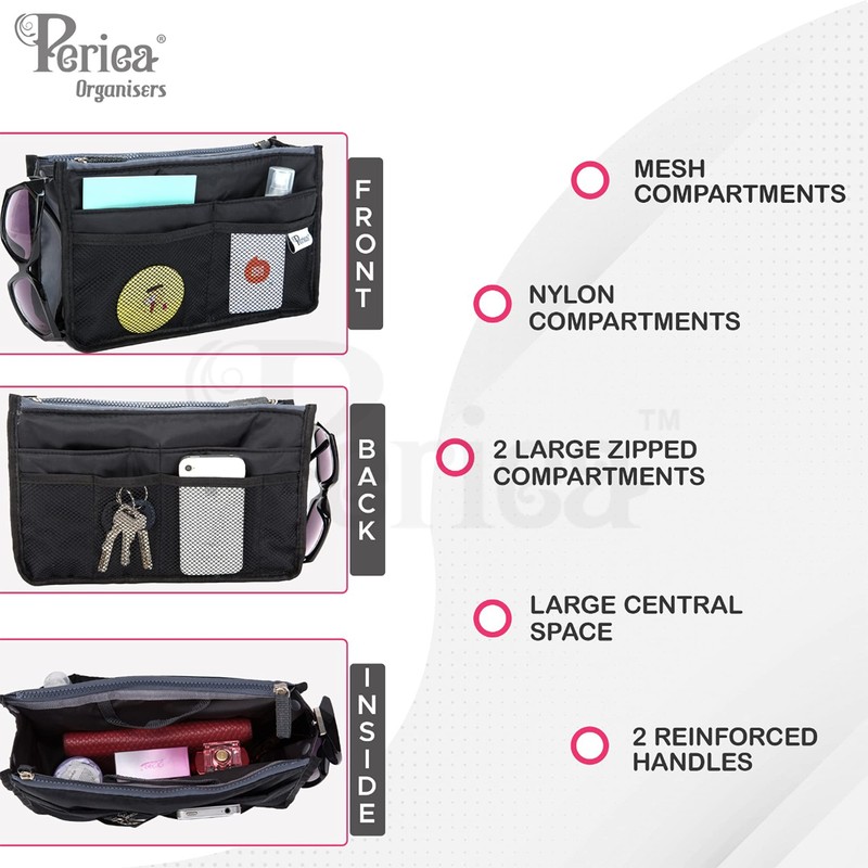Periea 'Chelsy' Premium Handbag Organiser Insert: Structured Travel Pouch for