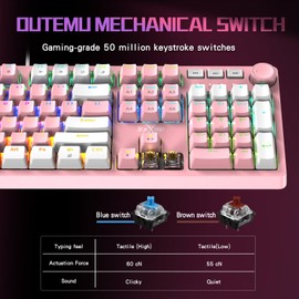 FOXXRAY HKM-95 Wired Mechanical Gaming Keyboard, Full-Size RGB Backlit with Media Control Knob, Outemu Switches, USB Plug and Play for PC/Mac/Windows - Pink & White (Tactile Brown Switch)
