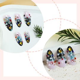 EYZOTSF Press on Almond Nails Medium Length Glossy Full Cover Acrylic French Almond Shaped False Nails with Designs Artificial Fake Nail with Charms Glue Stick ons Fingernails for Women Girls(XG10169)