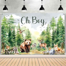 LDWLYW 7x5ft Woodland Baby Shower Backdrop for Boy Woodland Animals Baby Shower Decorations Green Forest Animal Friends Theme Party Supplies Banner Oh Boy Photography Background