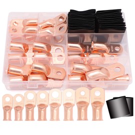 Taukealugs 48PCS Battery Terminal Connectors Cable Ends,AWG 1/0 2/0 3/0 4/0 Crimp Copper Wire Ring lugs with Heat Shrink Tubing Assortment Kit