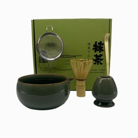 Matcha Whisk Set Kit 5 Pcs Ru Kiln Celadon Matcha Bowl With Spout Matcha Whisk and Holder Spoons Sifter for Home Kitchen Decor Gifts Unique Matcha Lovers Birthday Gift Ceremonial Grade Matcha (green)