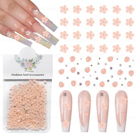 800 Pcs 3D Flower Nail Charms, Orange Blossom Beads Gems for Nails, Pearl Nail Gems and Rhinestones Floral Rhinestone Gems, Petal Acrylic 3D Flowers Nail Art Charms for Nails DIY Design