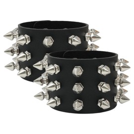 Honbay 2PCS Exaggerated Black Leather Rivet Wristband Spiked Studded Bracelet Gothic Punk Rock Biker Wristband Wide Strap Leather Bracelet Cuff Wrap Bangle Snap Button Metal Wristband for Men Women