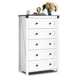 WLIVE Farmhouse White Dresser for Bedroom, 5 Drawer Dresser Storage Organizer, Tall Wood Dressers with Double Rustic Handle, Chest of Drawers for Living Room, Hallway, Closet