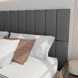 Art3d Peel and Stick Headboard for King, Full and Queen in Velvet Smoky Gray, Pack of 12 Panels Sized 9.84" x 23.62", Soundproof Wall Panels 3D, Upholstered Wall Panel