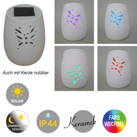 LED Solar Lantern Butterfly Ceramic White with Changing Light Colours Diameter 11.5 cm Height 14.3 cm Splash Protection IP44 for Balcony, Patio, Stairs, Walls, Entrance Area