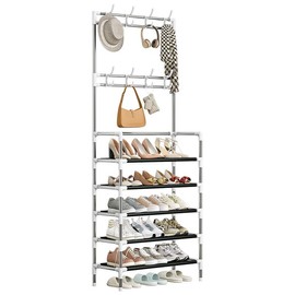 Entryway Coat Rack, Shoe Rack for Entryway, Coat Rack Freestanding with 5-Tier Storage Shelves and 8 Double Hooks, for Living Room, Bathroom, Hallway - Color: black
