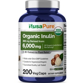 NusaPure Inulin Powder 20:1 Extract, 300 mg Equivalent to 6,000mg | 200 Veg Capsules |USDA Organic Suitable for Vegetarians, Vegan, Non-GMO Supplement