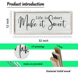 ZZJJHYWGQ Life is Short Make It Sweet Sign Wall Decor 32"×12" for Bedroom Family Lnspirational Quote Large Wood Framed Wall Hanging Art (White)