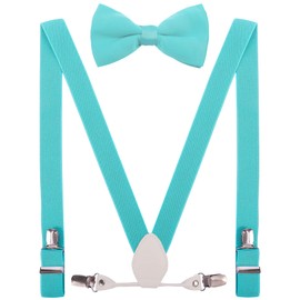EOAYONY Mens Suspenders and Bowtie Set Elastic for Wedding Teal 47''