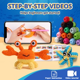 Noouwar 2pcs Crochet Kit for Beginners with Step-by-Step Video Tutorials - Beginner Crochet Kit for Adults Kids - Amigurumi Crochet Animal Kit with Crochet Yarn -Cute Crab,Sea Star