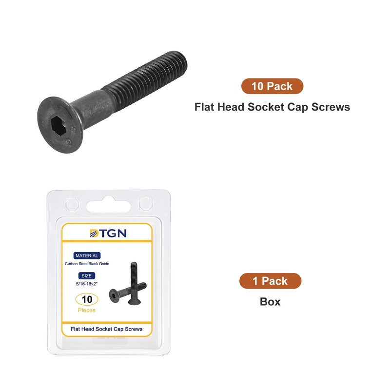 DTGN 5/16-18x2" Flat Head Socket Cap Screws, 10 Pack Hex