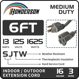 HONDERSON Indoor Outdoor Extension Cord Weatherproof, UL Listed, 16 Gauge 6FT Grey 3 Prong Heavy Duty, 16/3 SJTW 13A Power Cord for Outdoor Lights, Appliances, Lawn