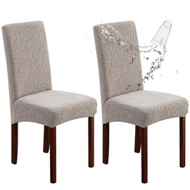 Genina 100% Waterproof Chair Covers for Dining Room Set of 2, Large Dining Room Chair Covers Protectors Stretch Kitchen Parson Chair Slipcovers for Home, Restaurant (Large, Leaves-Warm Gray)