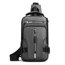 DORRISO Men's Grey Chest Bag, Utility Sling Bag with USB Port, Durable Lightweight Portable Practical Bag for Business Travel Leisure Casual Daily Hiking, Size L