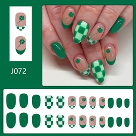 24Pcs St. Patrick's Day Press on Nails Medium Almond Fake Nails Green Shamrock French False Nails Design Nude Full Cover Artificial Grid Glue on Nail Irish Stick on Nail for Women Manicure