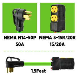50 Amp to 20 Amp 110V Generator RV Distribution Adapter, 14-50P to 4 X 5-20R/15R RV 4-Prong to Mutiple Household Outlet w/ 20amp Circuit Breaker 1.5FT