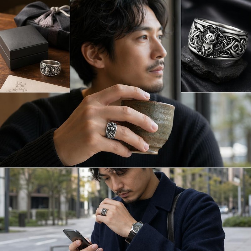 Rockyu Men's Silver Nine Tailed Fox Ring, Stylish, Stainless Steel,