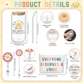 3 Pcs Speech Therapist Appreciation Gifts Set Included 16 oz Glass Cups with Lid Makeup Bag Badge Reel Gift for Speech-language Pathologist Nursing Assistant