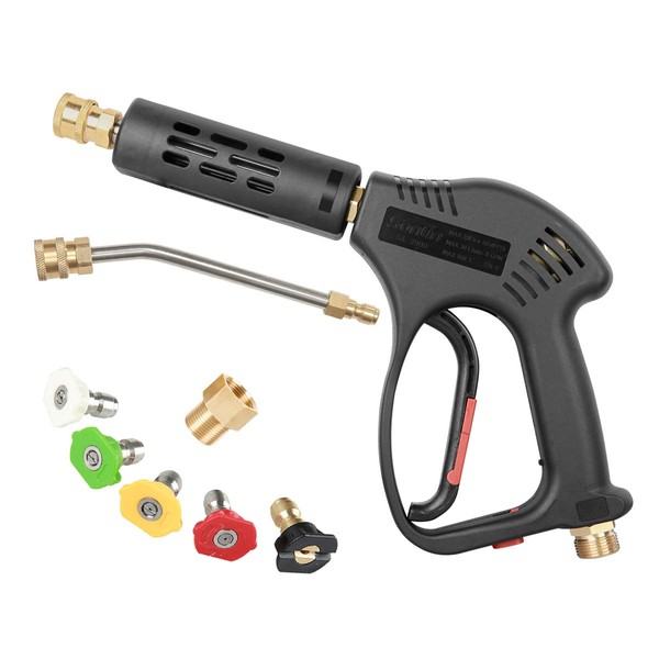 CHAVOR Pressure Washer Short Gun, 5 Nozzle Tips, 7 Inch Extension Curved Rod, M22 Fitting, Hot and Cold Water Replacement, 5000 PSI