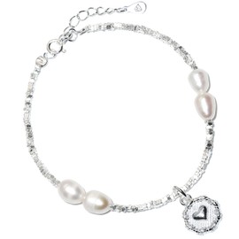 Raffici Silver Bracelet for Women 925 Sterling Silver with Heart and Natural Freshwater Pearls for Womens Jewellery Ladies Love Heart Bracelets Valentine's Day Mother's Day Gifts for Her Wife Mum
