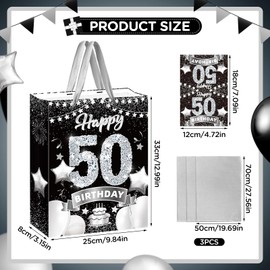RUMIA Black Silver 50th Birthday Gift Bags, 1 Count (Pack of 1)