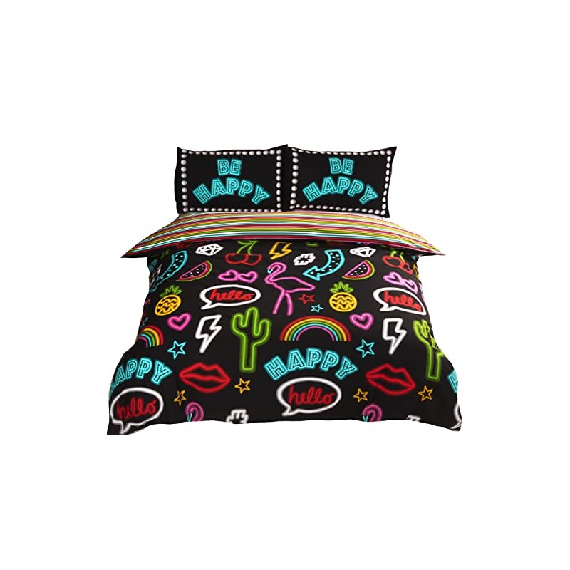 Rapport Funky Neon Reversible Striped Duvet Cover Bed Set, Polycotton,