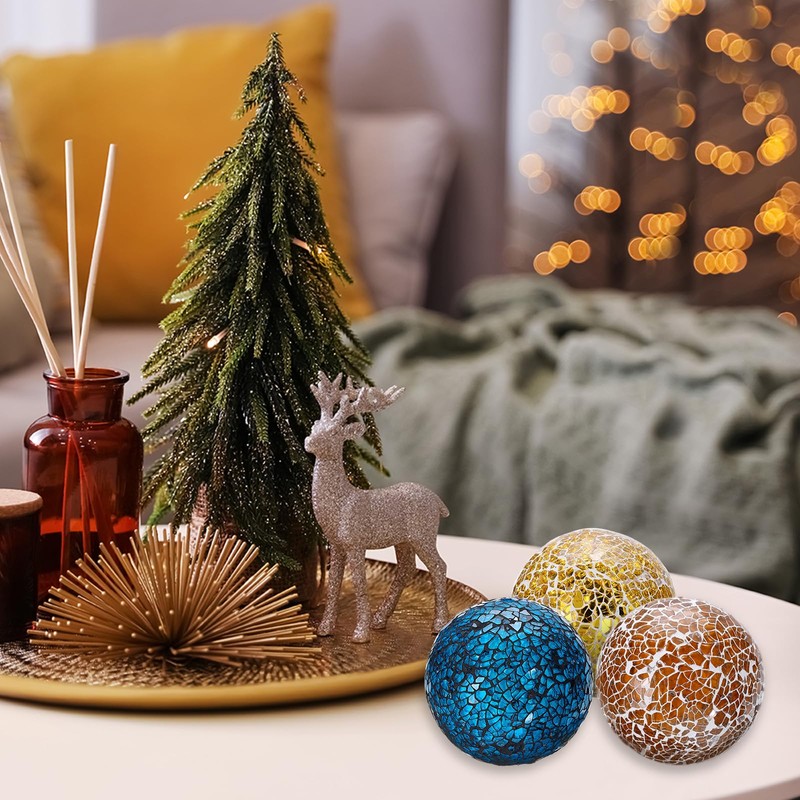 Sourcing Map 3Pcs Decorative Glass Balls, 8cm Gold Tone Mosaic