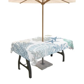 Abstract Marine Coral Outdoor Rectangle Tablecloth Zippered Table Cover with Umbrella Hole,Sea Ocean Starfish Texture Waterproof Table Cloths for Patio Garden Picnic Tables,60x84in