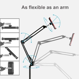 OHITEC Heavy Duty Phone/Tablet Metal Holder Universal Mobile Cell Smartphone Mount Lazy Bracket 360° Rotation Gooseneck Clamp Stand Flexible Long Arm (Floor, 5.7 feet, Black)