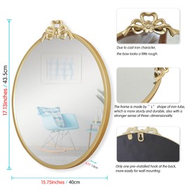 15.75" Bow Decorative Round Mirror, Gold Metal Frame Circle Mirror, Wall Mounted for Entryway, Bathroom, Vanity, Living Room