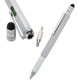 Twist-action Metal 5-in1 Ballpoint Pen and Stylus with 3" Ruler, Spirit Level Reversible Small Phillips & Flathead Screwdriver-Silver