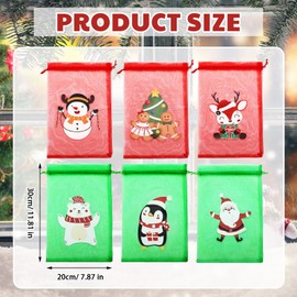 Wesnoy 24 Pcs Christmas Organza Bags 8x12 Inches Large Santa Snowman Gingerbread Man Drawstring Gift Bags Christmas Snack Treat Goodie Jewelry Candy Pouch for Xmas Holiday Wedding Party Favor