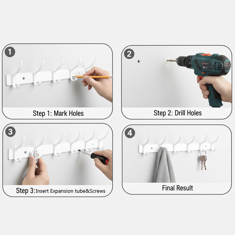 4 Pack White Wall Mounted Coat Rack with 6 Hooks